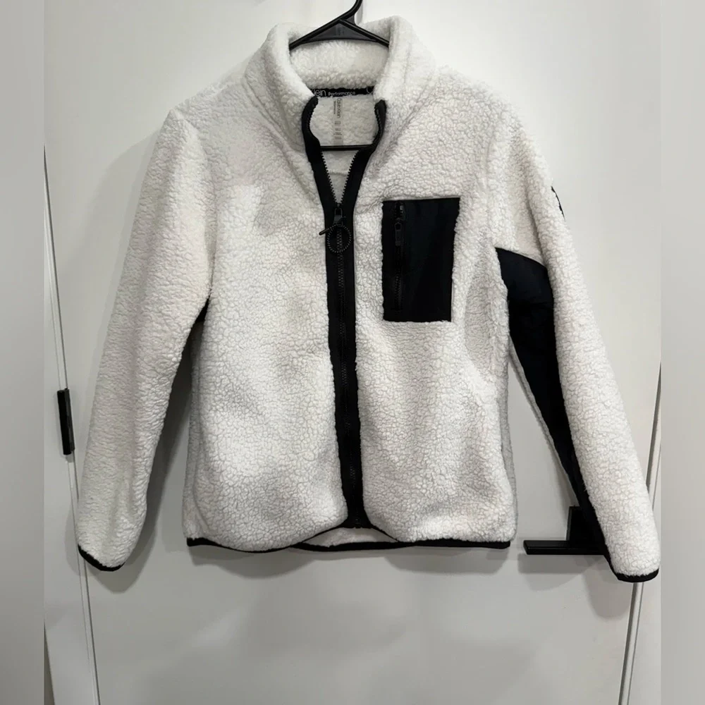 Calvin Klein Performance Teddy Jacket White & Black Zip Up Size Small
